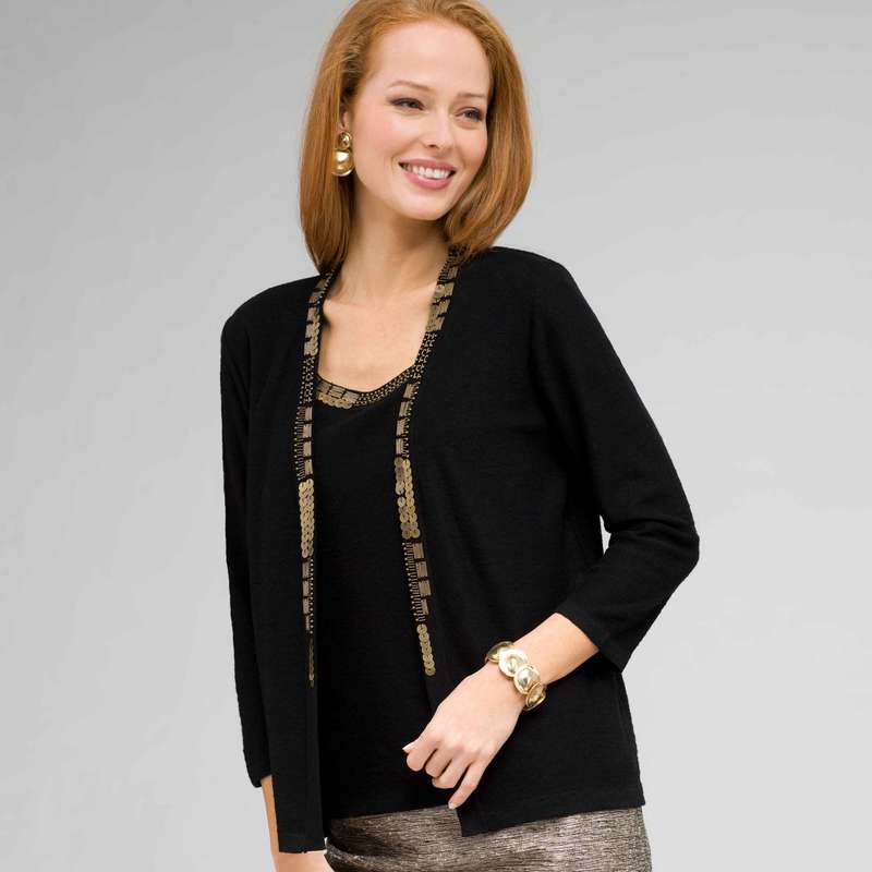 3/4 Sleeve beaded cardigan, Black, large